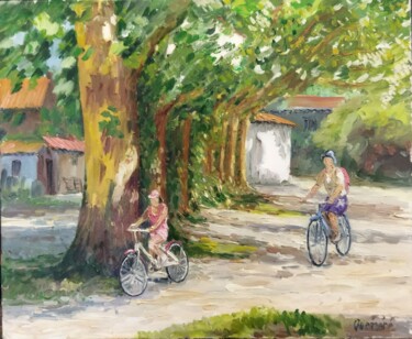 Peinture intitulée "Promenade a bicycle…" par Jean Quéméré, Œuvre d'art originale, Huile
