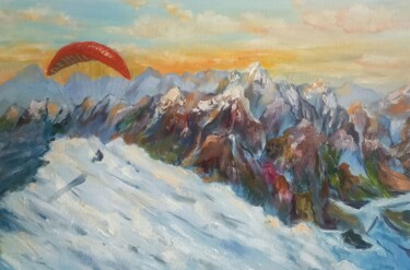 Flight Over the Peaks. Mountains, paraglider, sunset "Flight Over the Pea…" başlıklı Tablo Natalia Malicka (ARTPOSITIVE / ARTPOZYTYW) tarafından, Orijinal sanat, Petrol Ahşap Se…