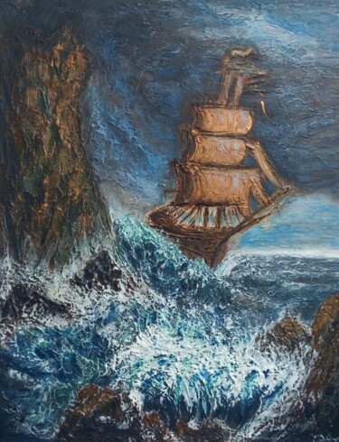 Stormbound Voyage - Monet Style Acrylic Canvas Peinture intitulée "Stormbound Voyage -…" par Oksana Antonova, Œuvre d'art originale, Acrylique