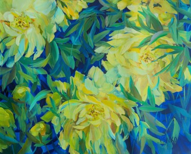 YellowPeonies. Sunny Day 绘画 标题为“YellowPeonies. Sunn…” 由Vera Saiko, 原创艺术品, 油 安装在木质担架架上