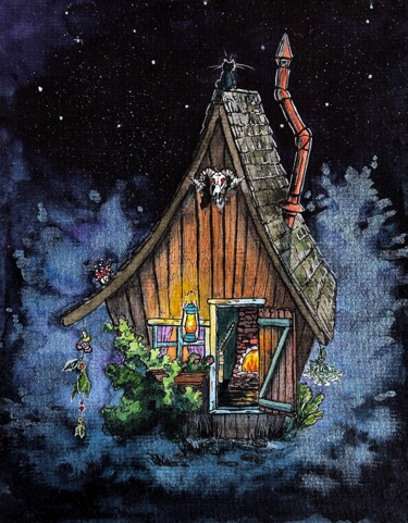 Witch’s Hut Peinture intitulée "Witch’s Hut" par Julie Wintertale, Œuvre d'art originale, Aquarelle