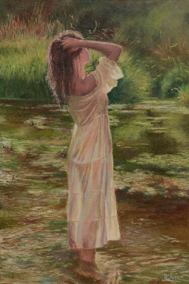 Schilderij getiteld "Summer Harmony" door Sergey Khan, Origineel Kunstwerk, Olie Gemonteerd op Frame voor houten brancard