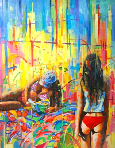 Painting titled "Un día de playa" by Amaya F Fariza, Original Artwork, Oil Mounted on Wood Stretcher frame