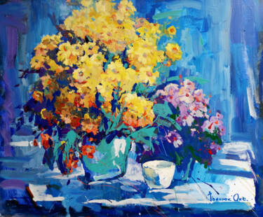 Schilderij getiteld "Yellow and blue" door Oksana Ivanyuk, Origineel Kunstwerk, Olie Gemonteerd op Frame voor houten brancard