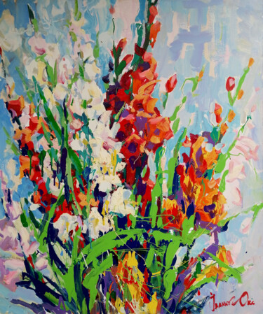 Schilderij getiteld "Gladiolus" door Oksana Ivanyuk, Origineel Kunstwerk, Olie Gemonteerd op Frame voor houten brancard