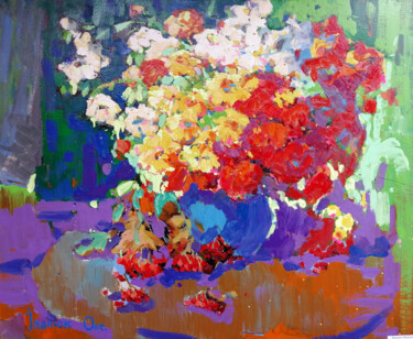 Schilderij getiteld "Autumn flowers" door Oksana Ivanyuk, Origineel Kunstwerk, Olie Gemonteerd op Frame voor houten brancard