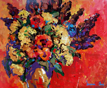 绘画 标题为“Flowers on a red ca…” 由Oksana Ivanyuk, 原创艺术品, 油 安装在木质担架架上