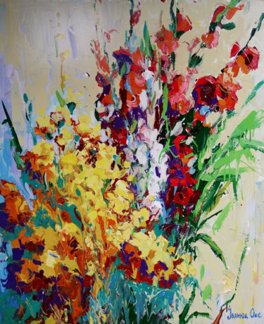 Картина под названием "Still life with flo…" - Oksana Ivanyuk, Подлинное произведение искусства, Масло Установлен на Деревян…