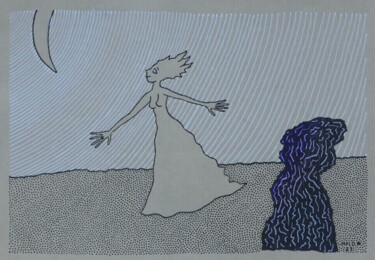 Âme-femme à la lune Dessin intitulée "Âme-femme à la lune" par Laurent Mangepapier, Œuvre d'art originale, Stylo gel