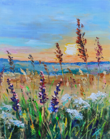Wildflowers. Sunset. Original oil painting on canvas Painting titled "Wildflowers. Sunset…" by Olga Ponomarenko, Original Artwork, Oil Mounted on Wood Stretcher frame