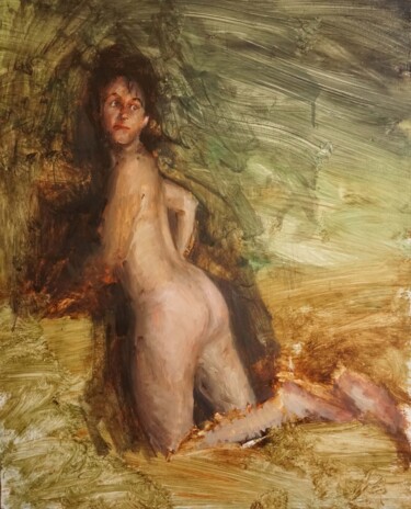 绘画 标题为“Une femme de dos” 由Manuel Leonardi, 原创艺术品, 油 安装在其他刚性面板上