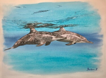 Painting titled "Duo Noce Turquoise" by Barbara B., Original Artwork, Watercolor Mounted on Cardboard