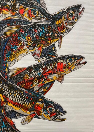 Peinture intitulée "Multicolored fish" par Christelle Riffet (Céhère), Œuvre d'art originale, Acrylique Monté sur Carton