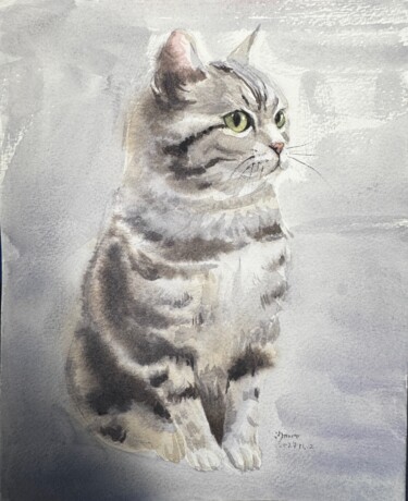 Painting titled "看热闹的猫" by Nono, Original Artwork, Watercolor