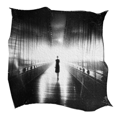 Woman on a Night Bridge, B&W Polaroid surreal photo print Photography titled "Woman on a Night Br…" by Vladimir Borele, Original Artwork, AI generated image
