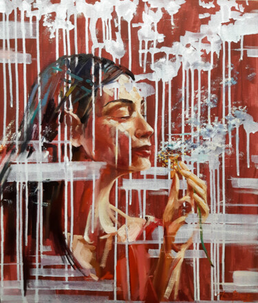 Painting titled "Creating Clouds" by Daria Harlauta, Original Artwork, Oil Mounted on Wood Stretcher frame