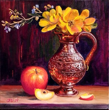 Vivid still life with a copper jug and flowers in oil on can Schilderij getiteld "Vivid still life wi…" door Larisa Sidorova (Alsi), Origineel Kunstwerk, Olie Gemonteerd op Frame voor h…