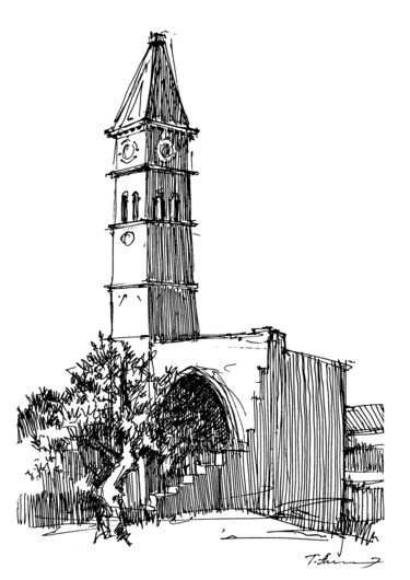 Historic Bell Tower of Portorož Arte digitale intitolato "Historic Bell Tower…" da Tatiana Alekseeva, Opera d'arte originale, Inchiostro
