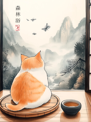 Ginger cat is looking at mountains in the window 数字艺术 标题为“Ginger cat is looki…” 由Joanna Misoteri, 原创艺术品, AI生成的图像