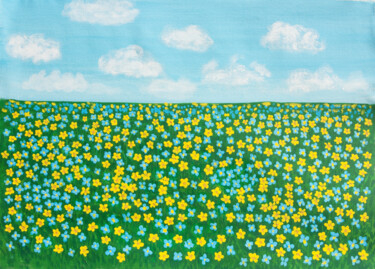Spring meadow with blue and yellow flowers Peinture intitulée "Spring meadow with…" par Irina Afonskaya, Œuvre d'art originale, Acrylique
