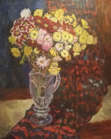 Painting titled "Хризантемы" by Sofia Rycanova, Original Artwork, Pastel Mounted on Wood Stretcher frame