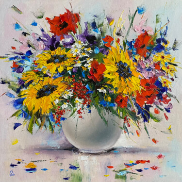 Bouquet with sunflowers. Pittura intitolato "Bouquet with sunflo…" da Volodymyr Nezdiimynoha, Opera d'arte originale, Olio Montato su Telaio per bare…