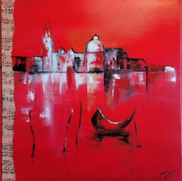 「Rouge Venise」というタイトルの絵画 Agnès Naudinによって, オリジナルのアートワーク, オイル ウッドストレッチャーフレームにマウント