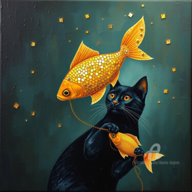 数字艺术 标题为“Lucky Black Cat” 由Davina Dugnas, 原创艺术品, 数字油画 安装在木质担架架上