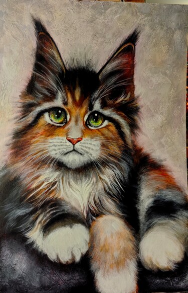 Painting titled ""Cat"" by Iranika Art, Original Artwork, Acrylic Mounted on Other rigid panel