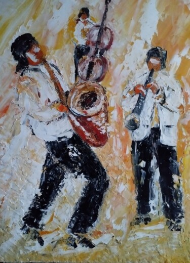 Schilderij getiteld "JAZZ ENTRE AMIS.." door Raphael Marras, Origineel Kunstwerk, Olie Gemonteerd op Frame voor houten branc…