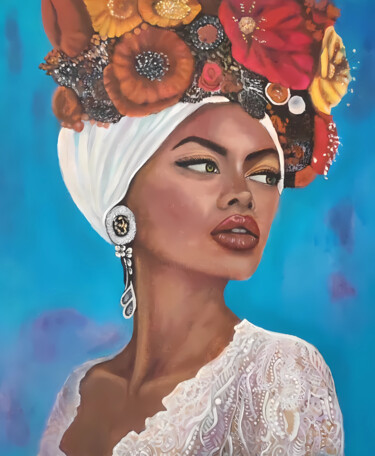 Oil Painting of African Woman with Floral Crown 제목이 "Oil Painting of Afr…"인 미술작품 Anastasiya Kuznetsova로, 원작, 기름 나무 들것 프레임에 장착됨