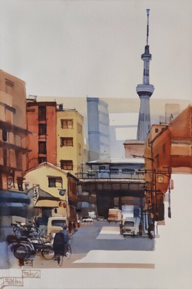 Painting titled "Squares and towers:…" by Prashant Prabhu, Original Artwork, Watercolor