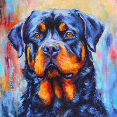 A vivid portrait of a Rottweiler Schilderij getiteld "A vivid portrait of…" door Aliona Dankova, Origineel Kunstwerk, Olie Gemonteerd op Karton