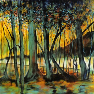 Painting titled "quelques arbres" by Sylvie Pinon, Original Artwork, Acrylic Mounted on Wood Stretcher frame