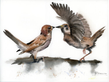Morning Courtship Schilderij getiteld "Morning Courtship" door Paintispassion, Origineel Kunstwerk, Aquarel