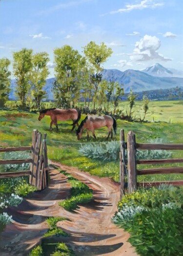 绘画 标题为“Chevaux au pré” 由Alain Sarazin, 原创艺术品, 油