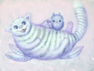 Funny Fat Striped Cat and Owls – Pink Purple Wall Art Peinture intitulée "Funny Fat Striped C…" par Tatiana Belchenko, Œuvre d'art originale, Acrylique Monté sur Châssis en bois
