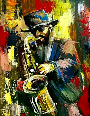 Midnight Solo Schilderij getiteld "Midnight Solo" door Vahe Bagumyan, Origineel Kunstwerk, Olie Gemonteerd op Frame voor houten brancard