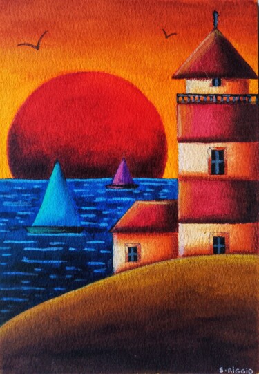 Ballade au coucher du soleil Schilderij getiteld "Ballade au coucher…" door Sabrina Riggio, Origineel Kunstwerk, Aquarel