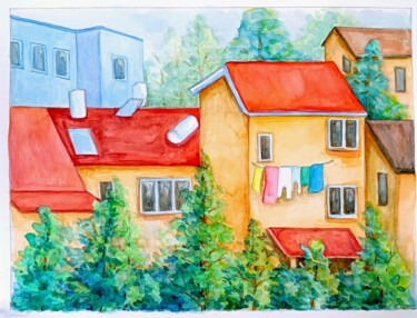 Painting titled "The town" by Joy, Original Artwork, Watercolor