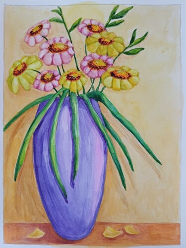 Painting titled "The case with flowe…" by Joy, Original Artwork, Watercolor