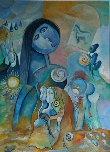 Painting titled "Family Affair" by Roxana Donisanu, Original Artwork, Oil Mounted on Wood Stretcher frame