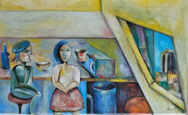 Painting titled "Mansarda" by Roxana Donisanu, Original Artwork, Oil Mounted on Wood Stretcher frame
