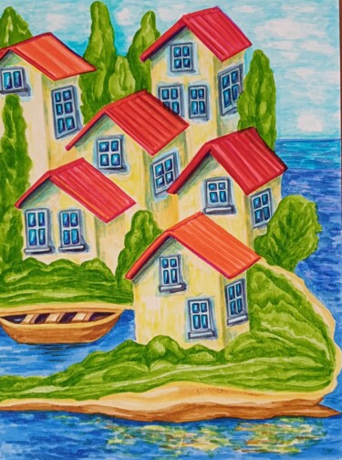 Schilderij getiteld "Red roofs of fisher…" door Joy, Origineel Kunstwerk, Marker