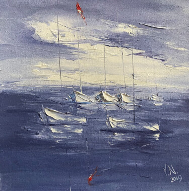 Painting titled "Yachts on gray 2" by Volodymyr Nezdiimynoha, Original Artwork, Oil Mounted on Wood Stretcher frame