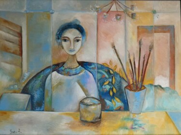 Painting titled "Portrait in the Mir…" by Roxana Donisanu, Original Artwork, Oil Mounted on Wood Stretcher frame