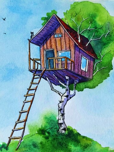 Painting titled "Treehouse Dreams" by Julie Wintertale, Original Artwork, Watercolor