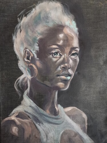 Portrait of a tanned girl with snow-white hair in a white T- 绘画 标题为“Portrait of a tanne…” 由Allen Light, 原创艺术品, 油
