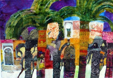 제목이 "Ottoman Courtyard -…"인 미술작품 Mohameed Al-Aref Abiya로, 원작, 아크릴 나무 들것 프레임에 장착됨