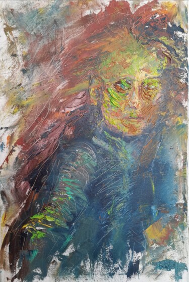 Tilda Swinton, portrait, color, green, yellow, brown, textur 绘画 标题为“Tilda Swinton, port…” 由Allen Light, 原创艺术品, 油 安装在木质担架架上